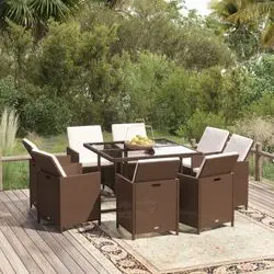 vidaXL Garten-Essgruppe mit Kissen Rattan Braun 9-tlg. (3095513)