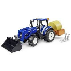 Bruder New Holland T5.120 mit Frontlader, Ladekasten, Gabeln und Rundballen