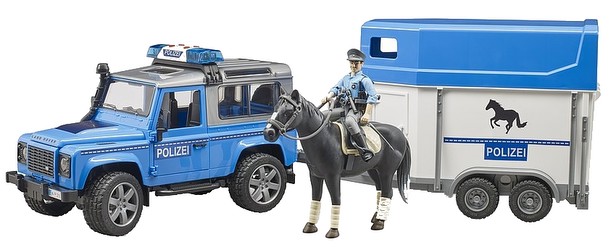 Bruder Land Rover Defender Polizeifahrzeug und Pferdeanhänger (02588)